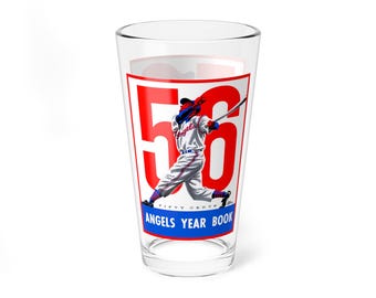 Mixing Glass, 16oz - 1956 Baseball Los Angeles Angels Yearbook, Vintage Fan Memorabilia Gift, Barware Decor, Sports Collectible Mug, Retro