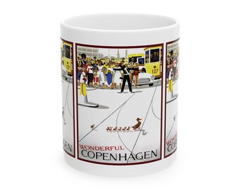 Vintage 1959 Wonderful Copenhagen Travel Poster Ceramic Mug - Retro Danish Wall Art Coffee Cup, Scandinavian Gift, Traveler Souvenir, Europe