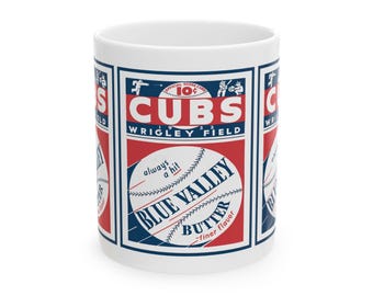 Vintage 1932 Chicago Cubs Ceramic Mug, Baseball Scorecard Design, Blue Valley Butter, Gift for Baseball Fans, Sports Memorabilia