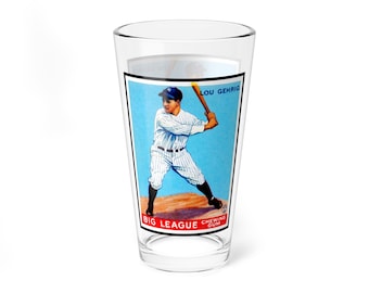 Mixing Glass, 16oz with 1933 Baseball Lou Gehrig Big League Chewing Gum Card Design. Vintage Sports Collectible, Gift for Baseball Fans,
