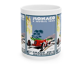 Vintage Racing Monaco Ceramic Mug, 1934 Retro Coffee Cup, Motorsport Racing Gift, Formula 1 Ceramics, Race Car Lover Tea Mug, Grand Prix Fan