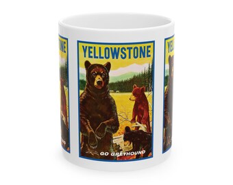 Vintage Yellowstone Greyhound Travel Ceramic Mug, Unique Traveler Gift, Retro National Park Camping Cup, Wanderlust Adventure Coffee Mug,