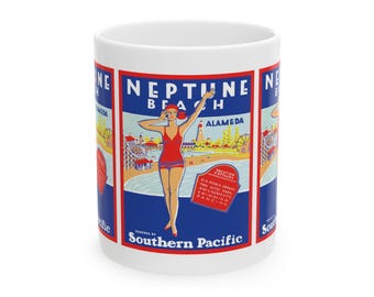 Vintage Alameda Neptune Beach Southern Pacific Poster Ceramic Mug, Gift for History Buff, Retro Coffee Cup, Coastal Kitchen Decor,