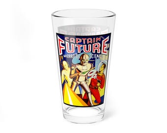 Glassware, Vintage 1940 Captain Future Cover - Whiskey Glass, Cocktail Mixing Glass, Barware Gift, Nostalgic Drinkware, Retro Sci-Fi Decor