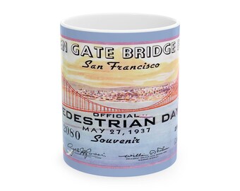Golden Gate Bridge Ceramic Mug, 1937 Fiesta Ticket Design, Vintage Coffee Cup, Tea Mug, Unique Gift, Kitchen Decor, Home Office Accessories
