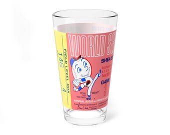 Mixing Glass, 16oz - 1969 Baseball World Series Ticket - New York Mets - Game 3 Shea Stadium, Vintage Sports Barware, Collectible Glassware,