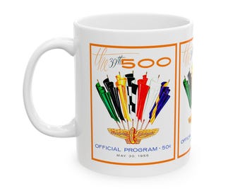 Vintage 1955 Indianapolis 500 Racing Program Ceramic Mug, Gift for Racing Enthusiasts, Coffee Cup, Tea Mug, Racing Fan Memorabilia, Race Car