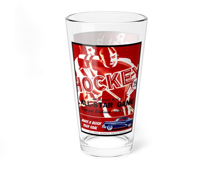 Featured listing image: Mixing Glass, 16oz - 1952 Hockey All-Star Game, Unique Barware Gift, Vintage Sports Fan Present, Drinking Glassware, Retro Hockey Decor,