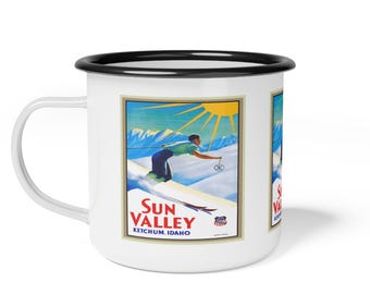 Enamel Camp Cup - Vintage Sun Valley Idaho Ski Poster, Camping Mug, Outdoor Adventure Cup, Retro Skiing Gift, Mountain Cabin Decor, Ski