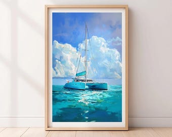 Descarga digital de catamarán turquesa, ilustración de pintura al óleo del mar Caribe, arte de pared oceánico imprimible
