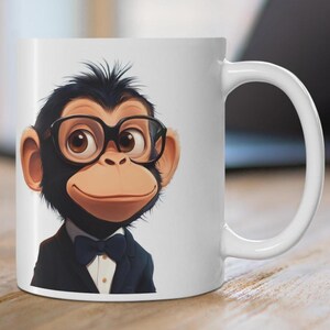 Coffee Cups, Caffeine: unlocking my inner genius text, Monkey Cartoon Style, Funny Mug, Animal Lover Gift, 11oz, Kitchen Decor