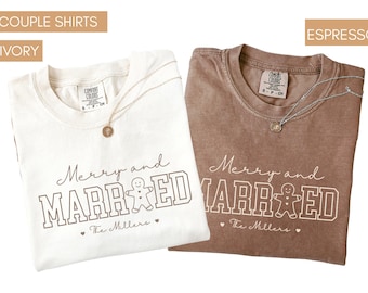 Custom Merry And Married Comfort Colors® Shirt, Personalized Gingerbread Couple Christmas Tee, First Christmas Married, Newlywed Gift Idea