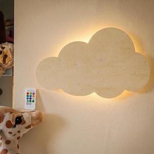 Wandlamp in de vorm van een wolk, draadloos, dimbaar | Indirect houten nachtlampje voor slaap, sfeerverlichting of borstvoedingslamp "Theo Natur"