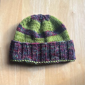Purple/Green Striped Handknit Beanie