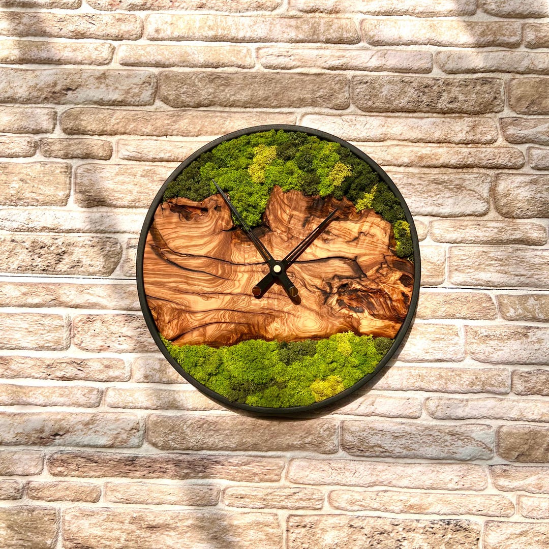 Handmade Olive Wood Moss Wall Clock: Rustic Home Decor - Etsy