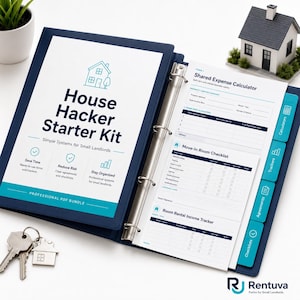 May include: A navy blue binder with the text "House Hacker Starter Kit" and a small house graphic. Inside are checklists, trackers, and agreements for small landlords. A miniature house and keys are also present.