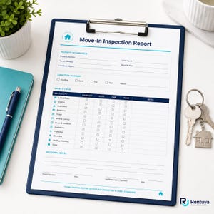 Könnte beinhalten: Ein blauer Klemmbrett mit einem Formular "Move-In Inspection Report". Das Formular enthält Abschnitte für Immobilieninformationen, Zustandszusammenfassung und Bereiche & Artikel. Ein Stift, Schlüssel und eine kleine Pflanze sind ebenfalls sichtbar.