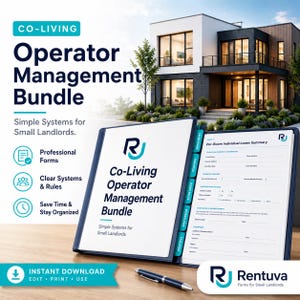 May include: A binder labeled "Co-Living Operator Management Bundle" with the text "Simple Systems for Small Landlords." The binder is open, revealing forms and a pen. The image also includes a modern house in the background.