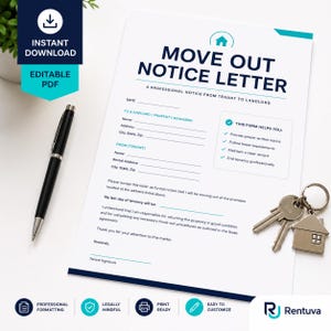 Op de afbeelding: Een witte Move Out Notice Letter met de tekst "A PROFESSIONAL NOTICE FROM TENANT TO LANDLORD". Het formulier bevat secties voor huurder- en verhuurderinformatie. Een zwarte pen en sleutels met een sleutelhanger in de vorm van een huis liggen ernaast.