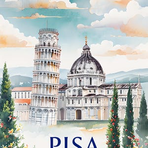 May include: A watercolour painting of the Leaning Tower of Pisa in Italy. The tower is white and has a brown dome on top. The tower is leaning to the right. There are green trees and flowers in the foreground. The text "PISA - ITALY" is written in blue letters at the bottom of the painting.