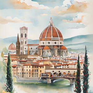 Puede incluir: Una pintura de acuarela del horizonte de Florencia, que presenta el Duomo, el puente Vecchio y los edificios circundantes. La pintura tiene una sensación suave y de ensueño con un cielo azul y nubes blancas esponjosas.