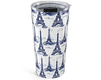 French Toile Eiffel Tower Tumbler: Paris Travel Mug, 20oz