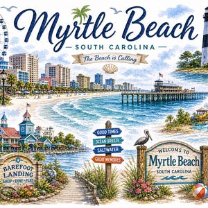 Può includere: Illustrazione ad acquerello di Myrtle Beach, Carolina del Sud, con una ruota panoramica, un cartello della passerella, un orologio, un molo, un faro e un parco acquatico. Il testo include "Myrtle Beach" e "The Beach is Calling."