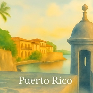 Watercolor Old San Juan Puerto Rico png, Castillo San Cristobal Watch Tower Printable Art, Caribbean travel, Puerto Rico png, travel png