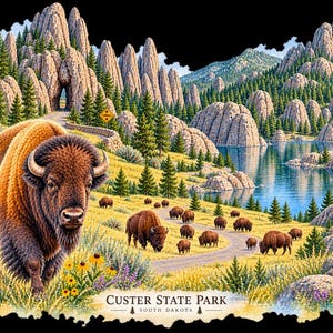May include: A detailed illustration of Custer State Park, South Dakota, featuring a large bison in the foreground, a herd of bison on a winding road, a bighorn sheep on a rock, a lake, pine trees, and tall rock formations under a clear sky.