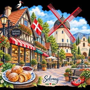 May include: A digital illustration of Solvang, California, featuring a bakery with a red-striped awning, a windmill, and Mission Santa Ines. In the foreground, a plate of round pastries and a bowl of red berries sits on a wooden surface.