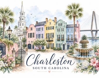 Charleston Watercolor Print | Rainbow Row Coastal Wall Art (Digital Download)