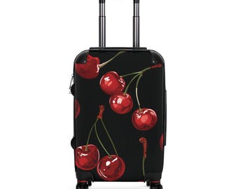 Resväska med rött körsbärsmönster | Resväskeöverdrag med svart körsbärsmönster