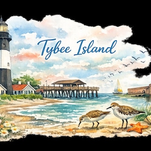 May include: A watercolor illustration of Tybee Island featuring a black and white lighthouse, a wooden pier, a sailboat, and two sandpipers on the beach. The scene includes a pink hibiscus, a starfish, and a fort with an American flag.