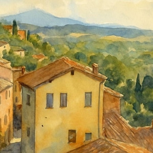 Tuscany Italy PNG, Watercolor Italian Village Clipart, Rolling Hills Landscape, Rustic Countryside Digital Download, European travel PNG