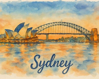 Clipart acquerello dell'Opera House di Sydney, Harbour Bridge PNG (stampabile)