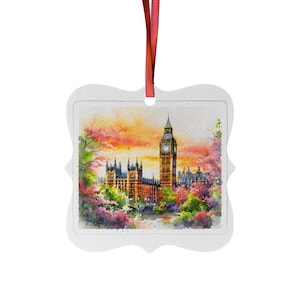 Watercolor London Aluminum Ornament, Big Ben and Parliament ornament, travel ornament, Christmas Tree Decoration, London England ornament