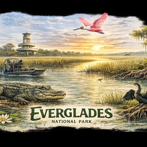 Peut inclure: Une impression graphique du parc national des Everglades montrant un paysage de marais avec un alligator au repos, une spatule rosée en vol, un cormoran sur une racine d'arbre, un hydroglisseur et une tour au coucher du soleil. Texte : EVERGLADES NATIONAL PARK.