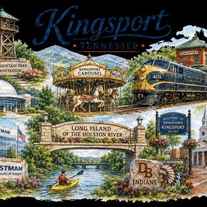 May include: A colourful illustration of Kingsport, Tennessee, featuring landmarks like the Bays Mountain Park observation tower, the Kingsport Carousel, a Clinchfield train, the Eastman building, and a person kayaking on the Holston River.