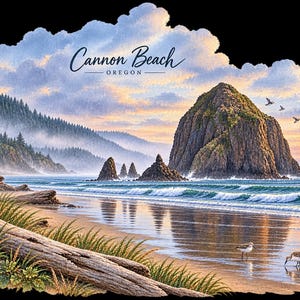 Könnte beinhalten: Eine Landschaftsillustration von Cannon Beach, Oregon, mit dem Haystack Rock, der bei Sonnenuntergang aus dem Ozean ragt. Die Szene zeigt einen Sandstrand mit Treibholz, hohem Strandgras, kleinen Strandvögeln und einer nebligen Küstenlinie.