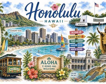 May include: Watercolor illustration of Honolulu, Hawaii, featuring Waikiki Beach, Diamond Head, and the Aloha sign. Includes a trolley, sailboats, and landmarks like the Arizona Memorial and King Kamehameha statue.