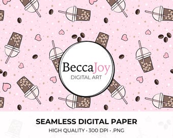Iced Coffee Seamless Art | Pink Seamless Pattern File Digital Paper Surface Art Coffee Girl Feminine Vinyl Transfer Sublimation Original
