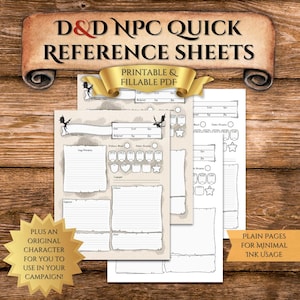 DnD NPC Quick Reference Sheets; Plus Free Custom Character; DnD Printable for Dungeon Master, DM, or Player; Digital Download PDF Template