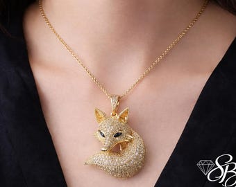 Sterling Silver Fox Necklace - CZ Diamond, Gold Plated Charm
