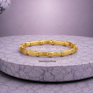 14K Gold Plated Bamboo Bangle, Cubic Zircon Bracelet, Stackable Hinged Cuff