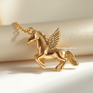 14k Solid Gold Pegasus Pendant: Flying Horse Necklace, Horse Lover Gift