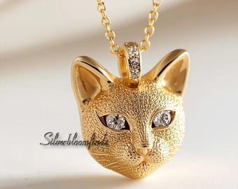 Diamond Cat Face Pendant: 14K Gold Animal Jewelry