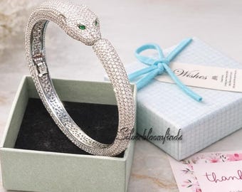 Sterling Silver Panther Bangle Bracelet: CZ Stone Animal Cuff