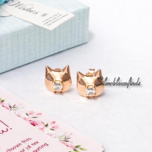 Roségouden kat-oorknopjes, kitty-sieraden met zirkonia, sterlingzilver (10 mm)