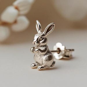 925 Natural silver stud,Silver Rabbit earring –Cute Bunny Animal Jewelry, Sterling Silver Adjustable earring| Unique Gift for Animal Lovers.