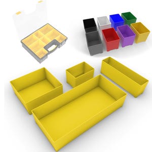 Puede incluir: Una caja de herramientas de plástico transparente y gris con interior amarillo, junto con varios contenedores de almacenamiento amarillos y multicolores. Los contenedores son de varias formas y tamaños, adecuados para organizar objetos pequeños. La caja de herramientas tiene un asa.